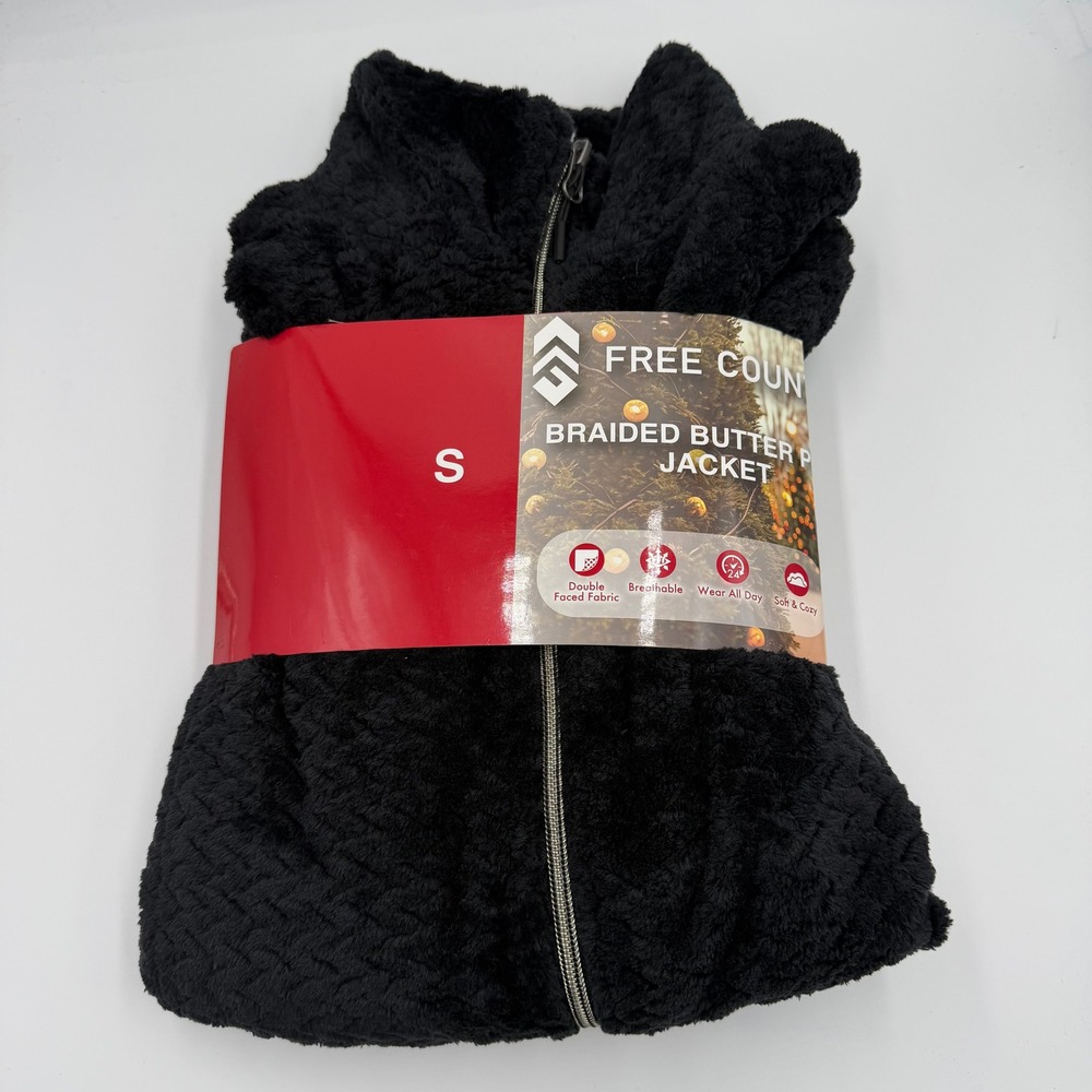 NWT Free Country Braided Butter Pile Fleece Jacket Black Faux Fur Womens Small